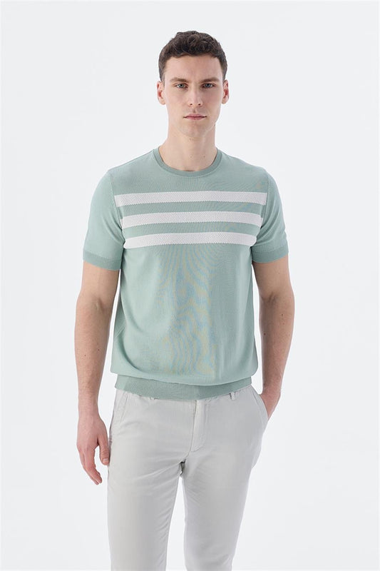 White Mint Slim Fit Round Collar Knitted T Shirt With Pattern