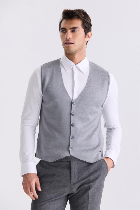 Gray Slim Fit Knitted Vest With Buttons