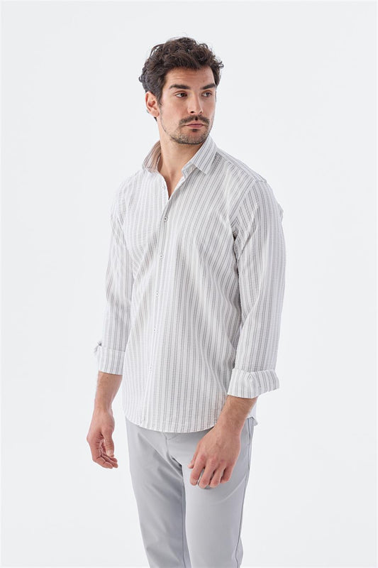 Grey Comfort Fit Sports Shirt with Patterned Elastic Fabric Cotton