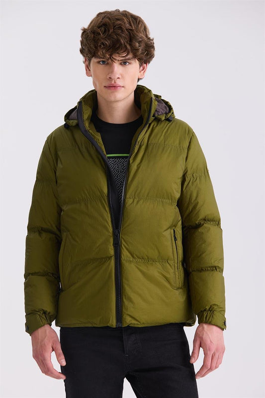 Khaki Comfort Fit Winter Hooded Jacket