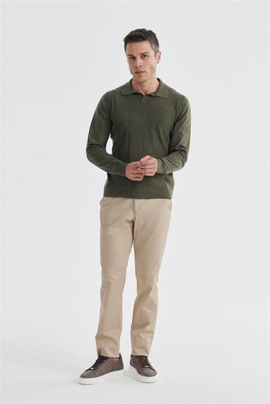 Khaki Slim Fit Knitted Pollo Collar With A Kashmir Mixed Pattern