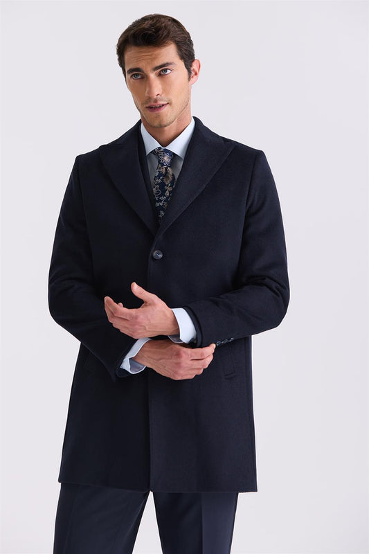 Dark Navy Comfort Fit Sharp Collar Fish Back With Patterned Wool Collar Jacket