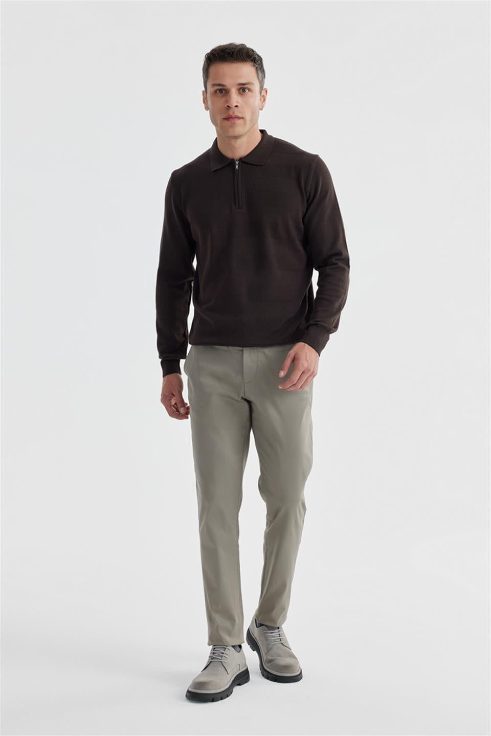 Coffee Slim Fit Cotton Patterned Zippered Polo Collar Knitted Sweater