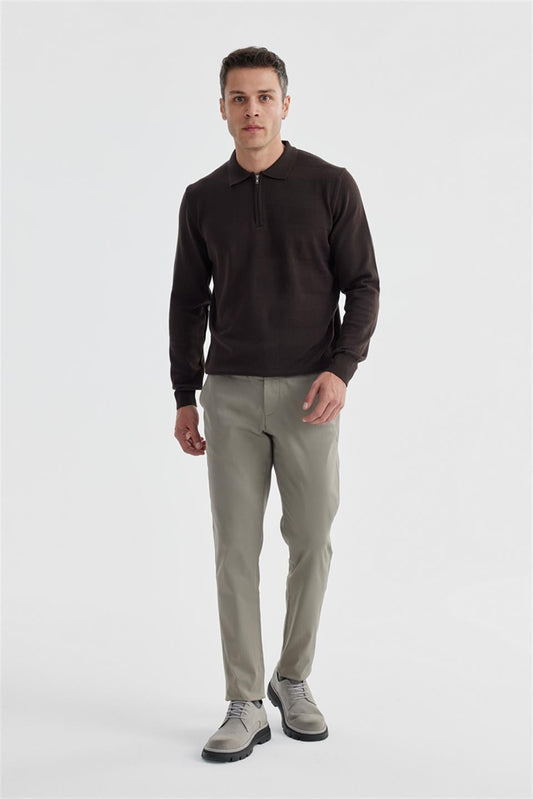 Coffee Slim Fit Cotton Patterned Zippered Polo Collar Knitted Sweater
