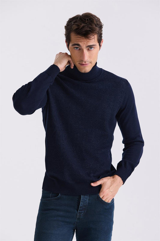 Navy Slim Fit Full Sailor Collar Knitted Sweater