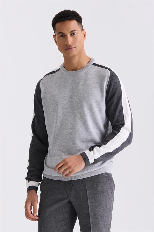 Gray Slim Fit Striped Detailed Round Collar Knitted Sweater