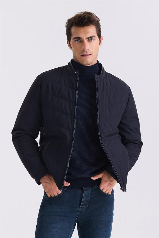 Navy Comfort Fit High Collar Front Sewn Seasonal Jacket