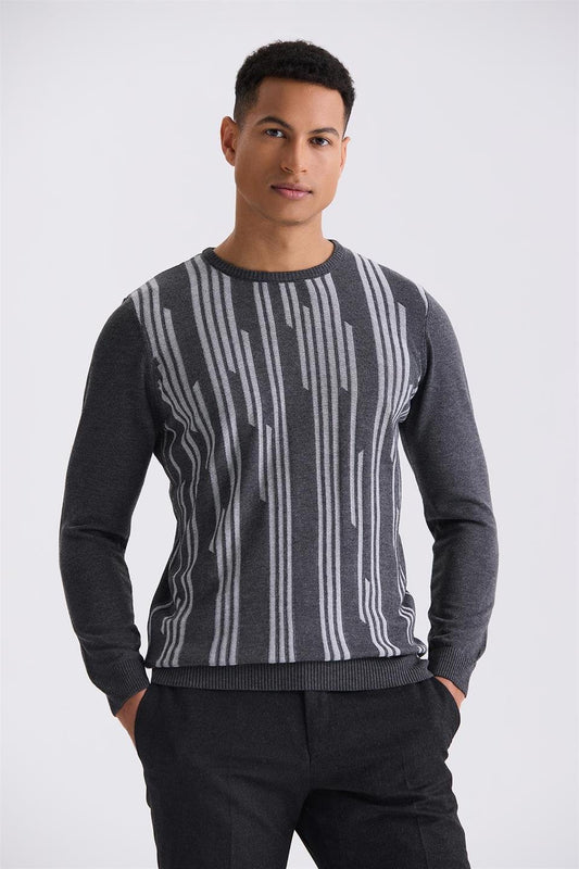 Anthracite Slim Fit Round Collar Knitted Sweater With Pattern