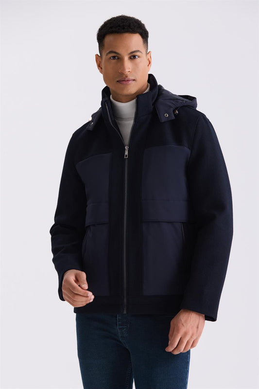 Navy Comfort Fit Hooded Zipper Detailed Winter Jacket