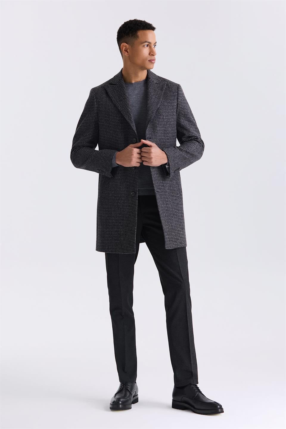 Black Comfort Fit Sharp Collar Brown Patterned Wool Leather Jacket