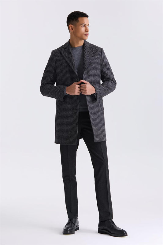 Black Comfort Fit Sharp Collar Brown Patterned Wool Leather Jacket