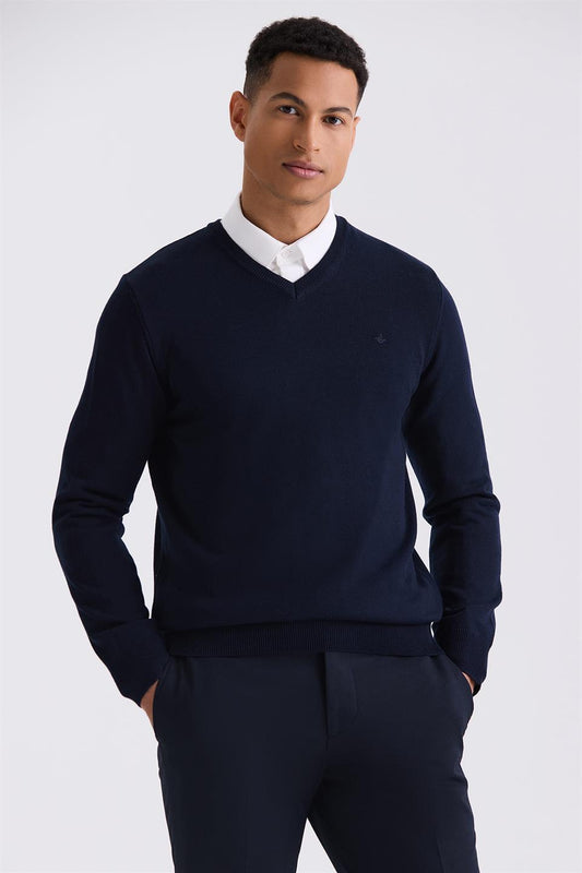 Navy Slim Fit V Collar Knitted Sweater