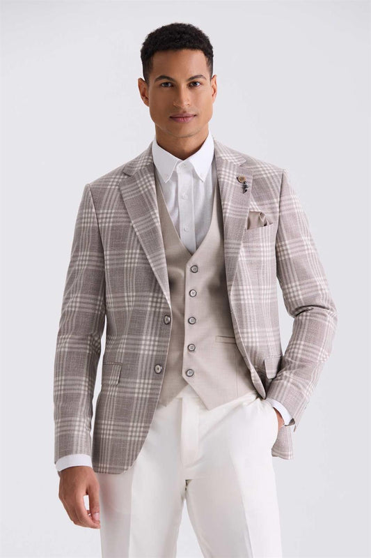 Coffee Slim Fit Single Collar Suit With Combined Coat