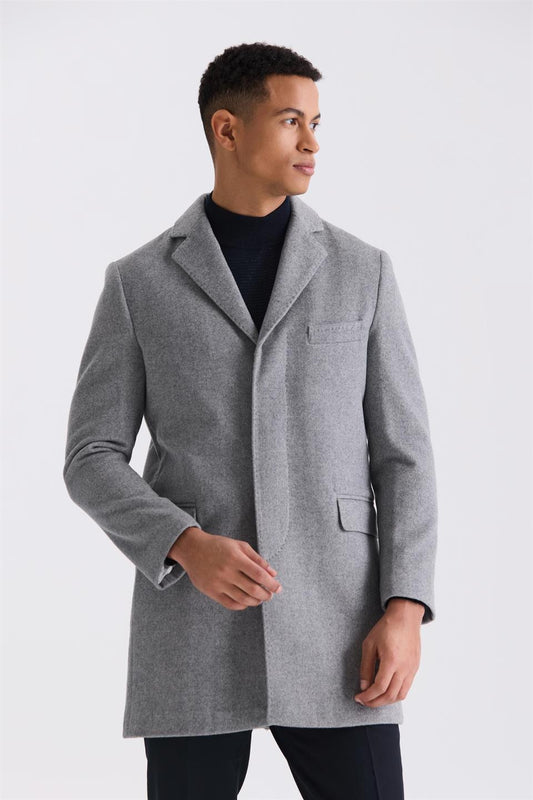 Gray Regular Fit Single Collar Woolly Collared Jacket