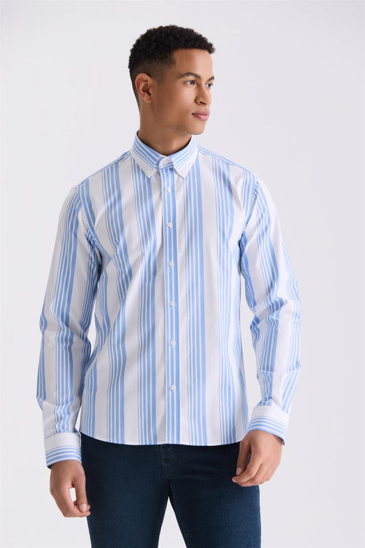 100% Cotton Shirt With Blue Slim Fit Stripes