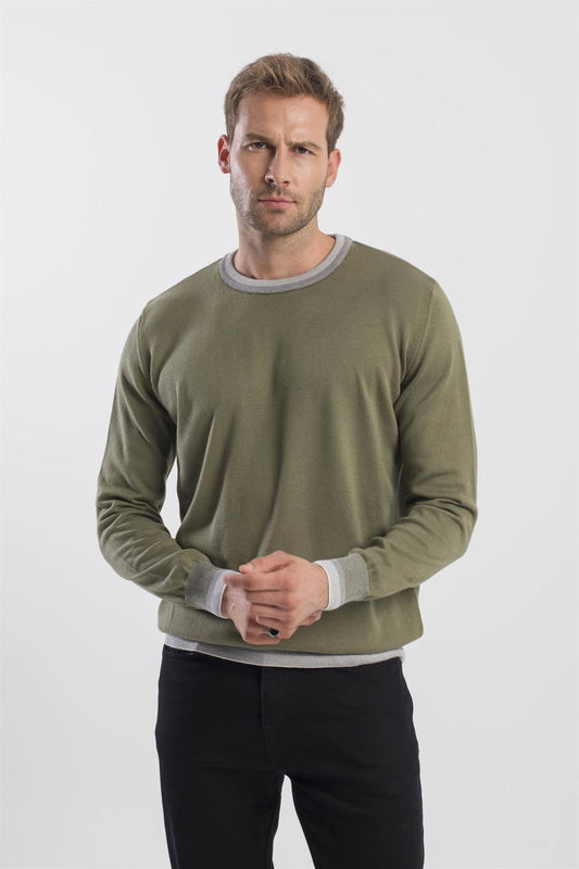 Khaki Slim Fit Round Collar Knitted Sweater.