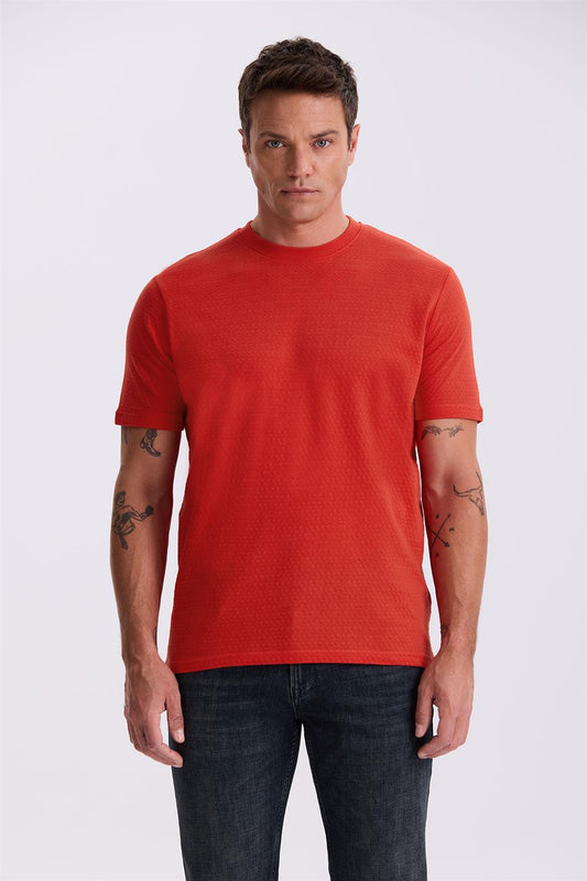 Red 100% Cotton Patterned Round Collar T Shirt