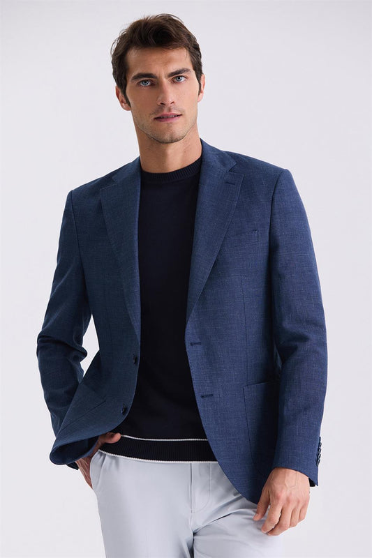 Dark Navy Slim Fit Single Collar Linen Sports Jacket