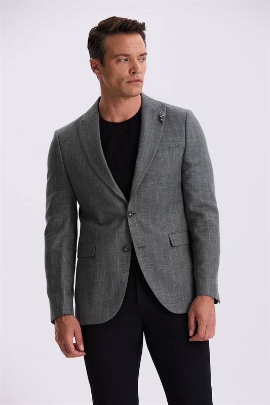 Gray Slim Fit Squirrel Collar Striped Linen Cotton Seasonal Jacket