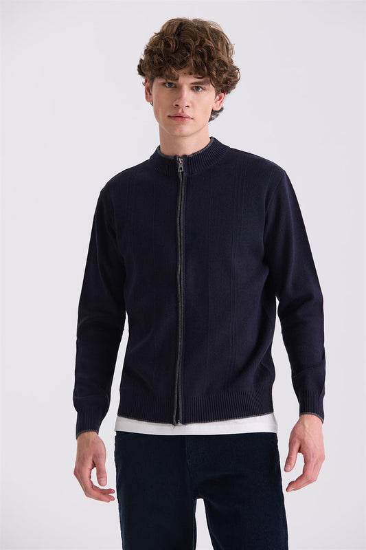 Navy Classic Fit Straight Collar Knitted Cardigan