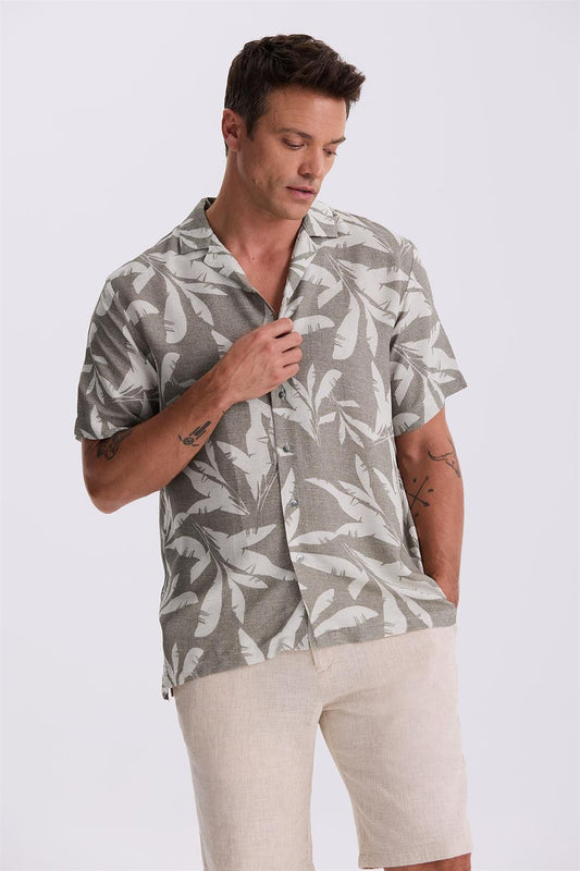 Mink Classic Fit Cutaway Collar Patterned Relax Fit Linen Mixed Short Sleeved Shirt