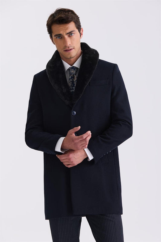 Navy Regular Fit Removable Coated Collar Wool Jacket