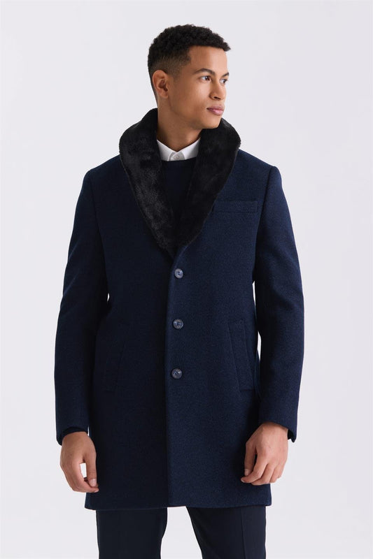 Navy Regular Fit Removable Collar Woolly Collar Jacket