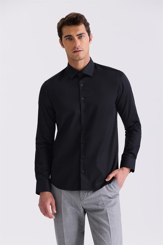 Black Slim Fit Basic 100% Cotton Shirt With Buttons