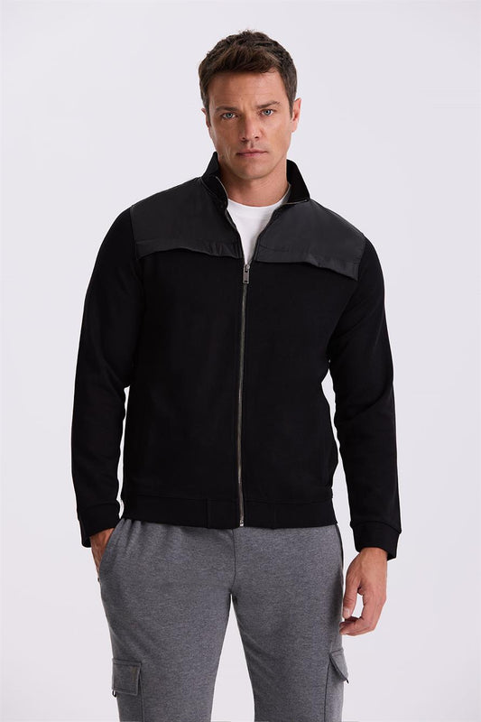 Black Slim Fit Cotton Lycra Tracksuit With A Zipper Wrap