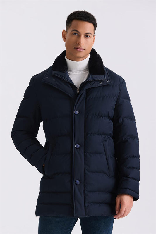 Navy Regular Fit Collar Furs And Buttons