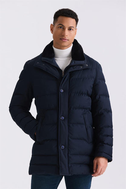 Navy Regular Fit Collar Furs And Buttons