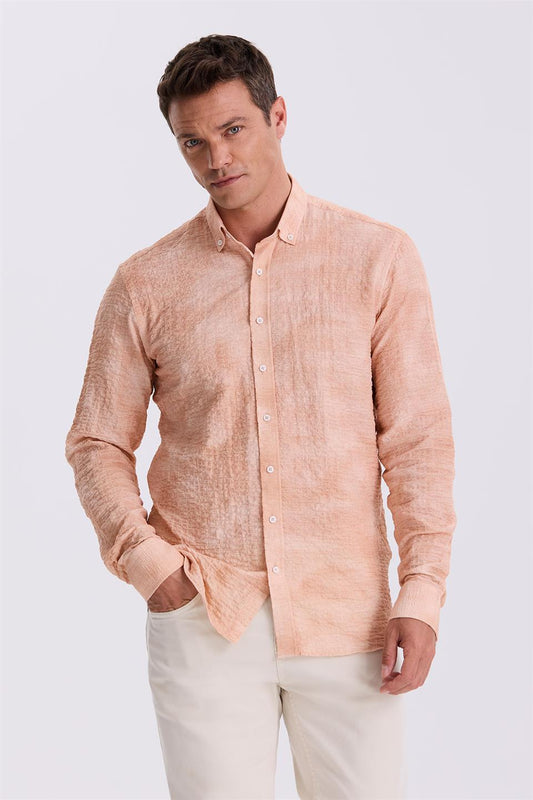 Orange Comfort Fit Gofre Fabric Buttoned Collar Patterned Shirt