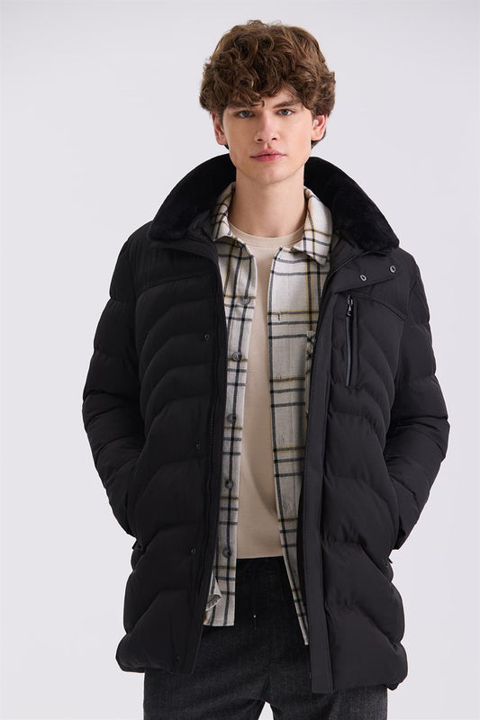 Black Regular Fit Collar Furry Winter Jacket Jacket