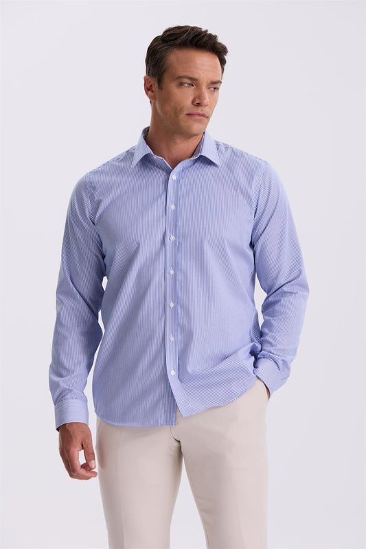 Navy Comfort Fit 100% Cotton Striped Non Iron Shirt With No Needle