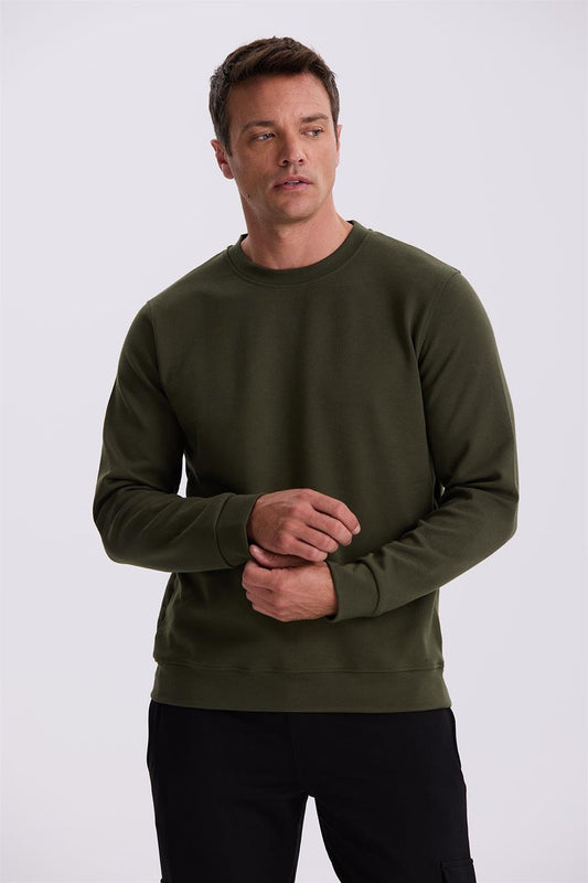 Khaki Slim Fit Round Collar Basic Lycra Sweatshirt With Cotton