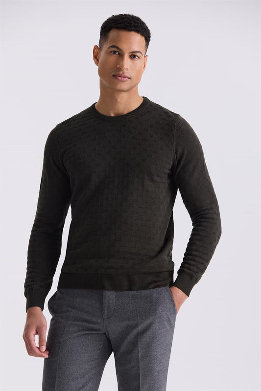 Khaki Slim Fit Round Collar Knitted Sweater With Pattern