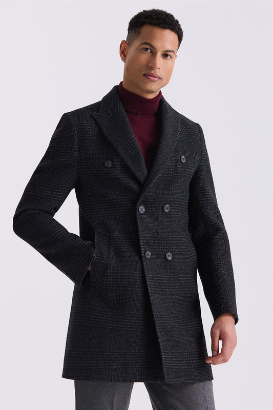 Black Comfort Fit Sharp Collar Plaid Patterned Wool Jacket