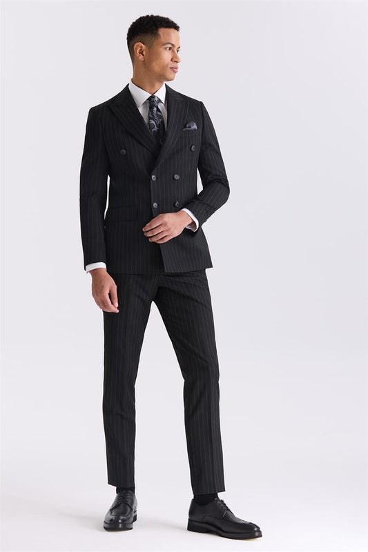Black Slim Fit Sharp Collar Striped Double Breasted Suit