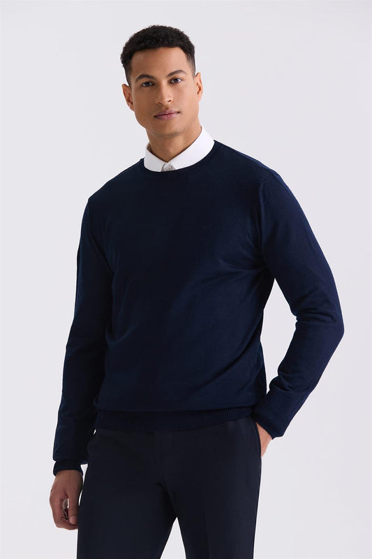 Navy Regular Fit Round Collar Knitted Sweater