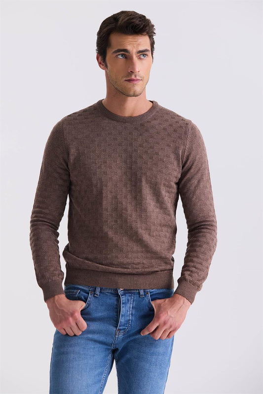 Coffee Slim Fit Round Collar Knitted Sweater With Pattern