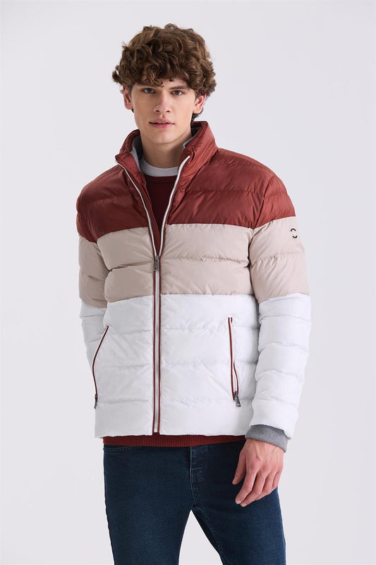 Tan Slim Fit, Straight Collar, Winter Puffer Jacket
