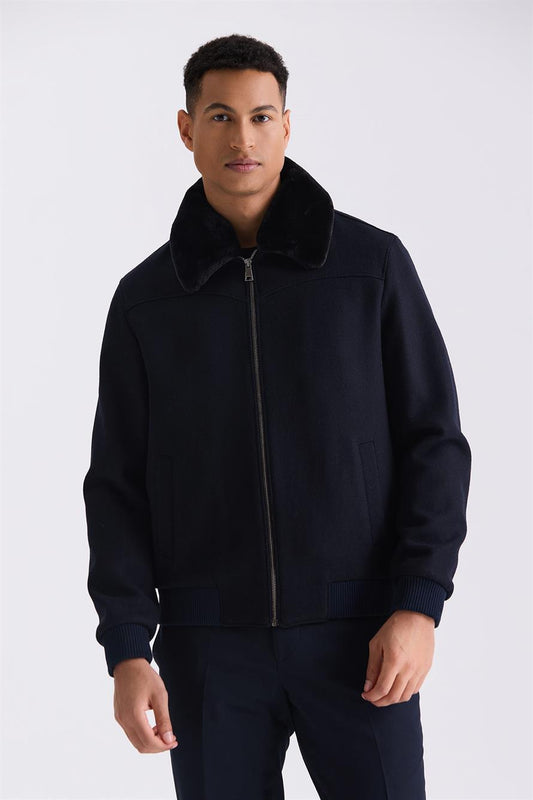 Navy Regular Fit Removable Fur Collar Elasticated Wool Jacket Jacket