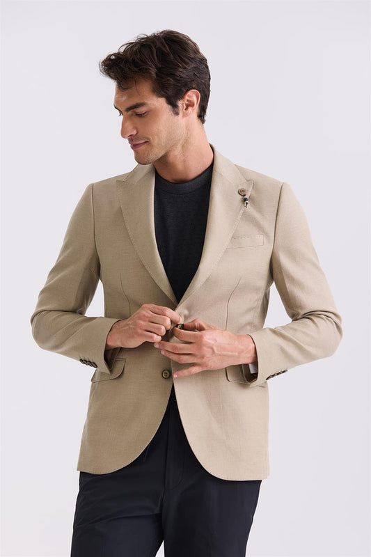 Beige Slim Fit Sharp Collar Linen Sports Jacket.