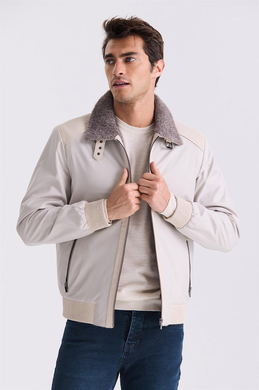 Beige Comfort Fit Leather Detailed Jacket With Fur Collar