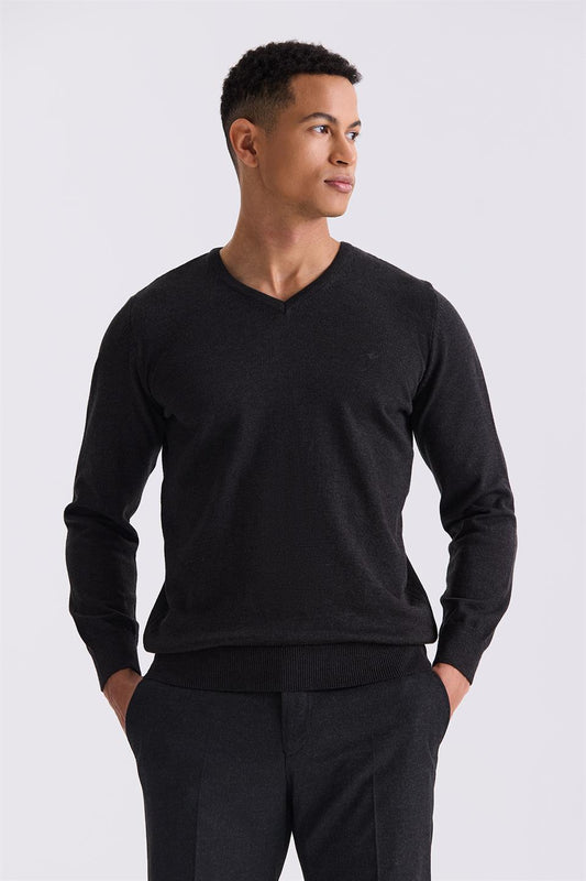 Anthracite Slim Fit V Collar Knitted Sweater