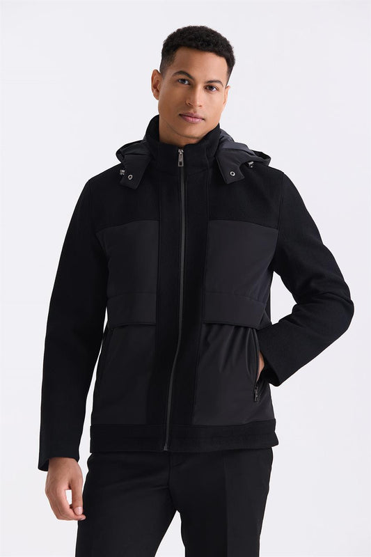 Black Comfort Fit Detailed Winter Jacket With Hooded Zipper