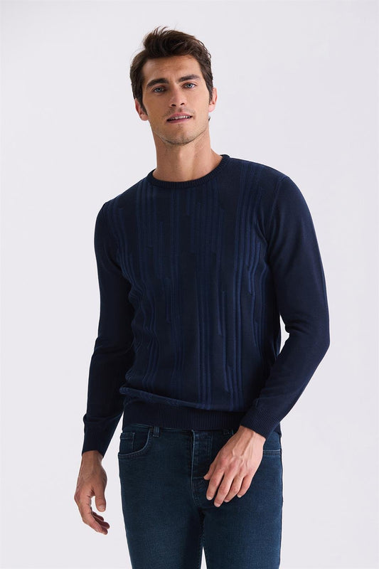 Indigo Slim Fit Round Collar Knitted Sweater With Pattern
