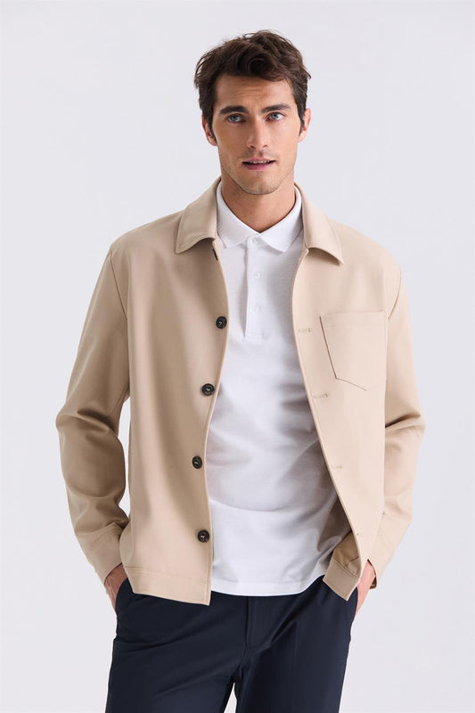 Beige Slim Fit Baby Collar Season Jacket.