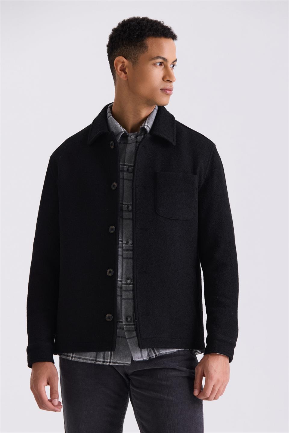 Black Slim Fit Shirt Collar Woolly Collar Jacket