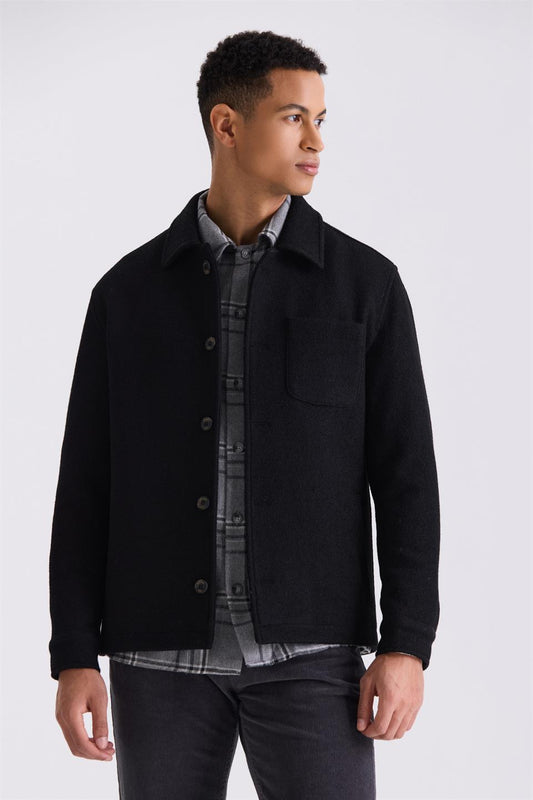 Black Slim Fit Shirt Collar Woolly Collar Jacket